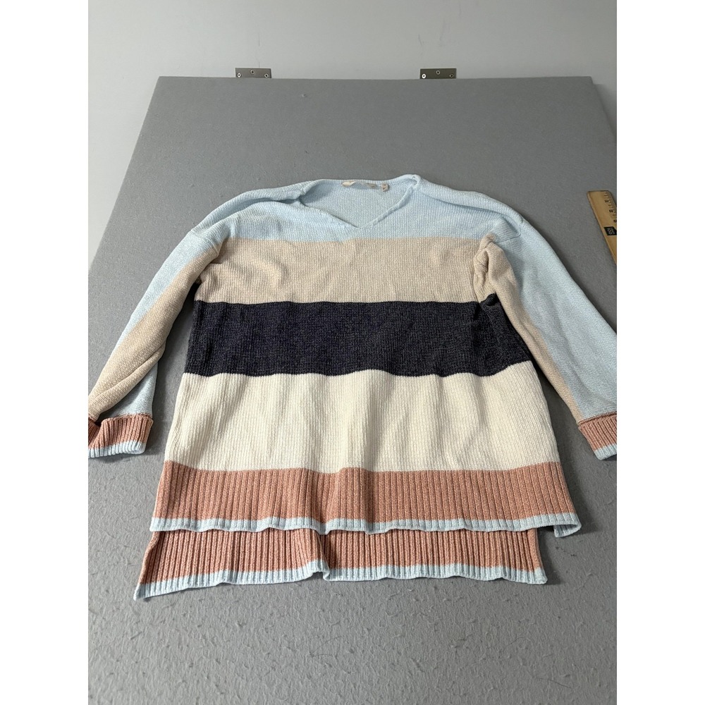 Soft Surroundings Sweater Womens‎ XS Blue Tan Cream Colorblock V Neck Pullover